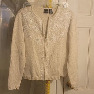 ERIKA small, sweater zip front, elegant pearls sequens beads, straw colored knit